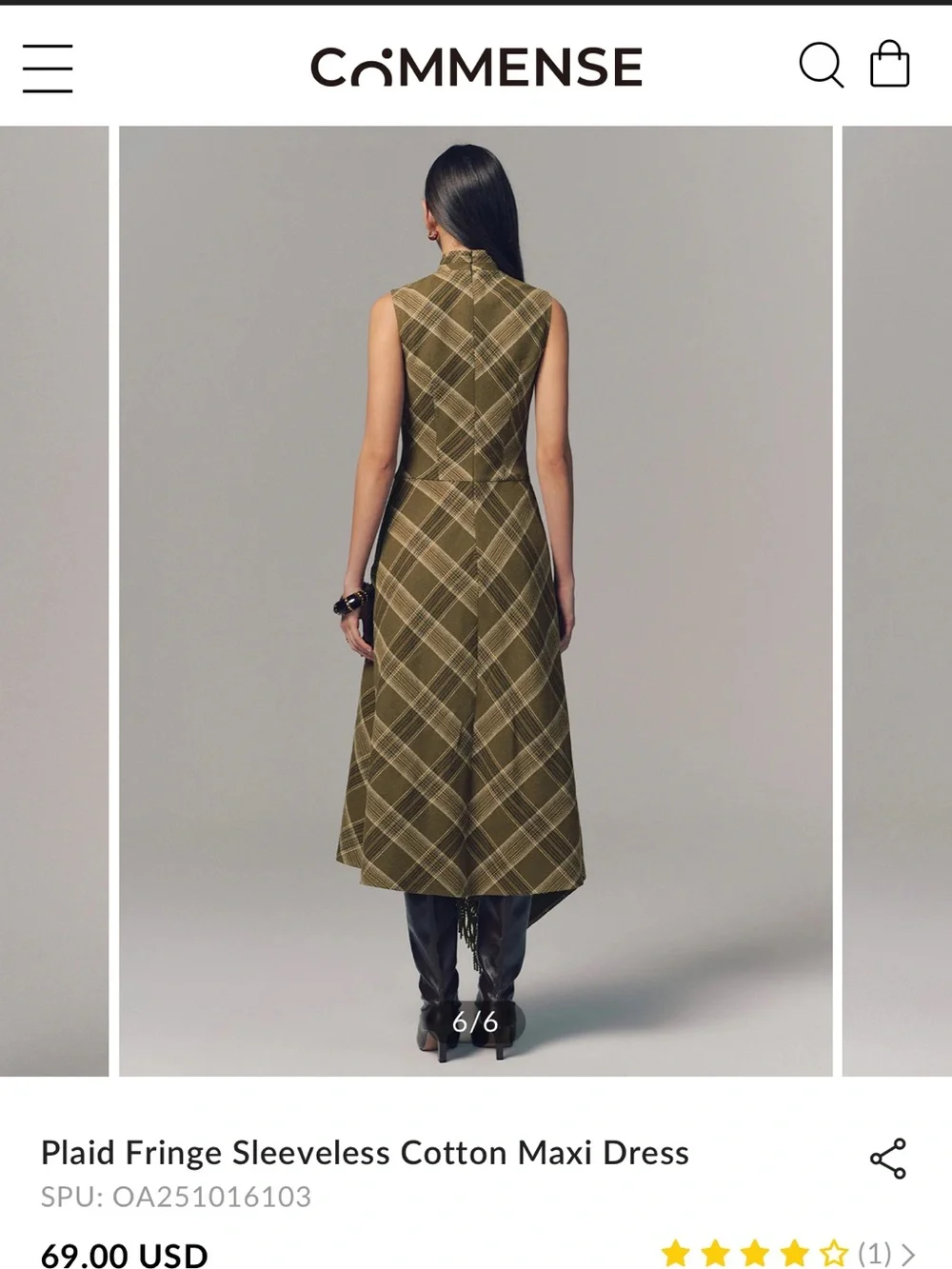 COMMENSE Olive Plaid Fringe Sleeveless Cotton Maxi Dress NWT size medium - Picture 4 of 7
